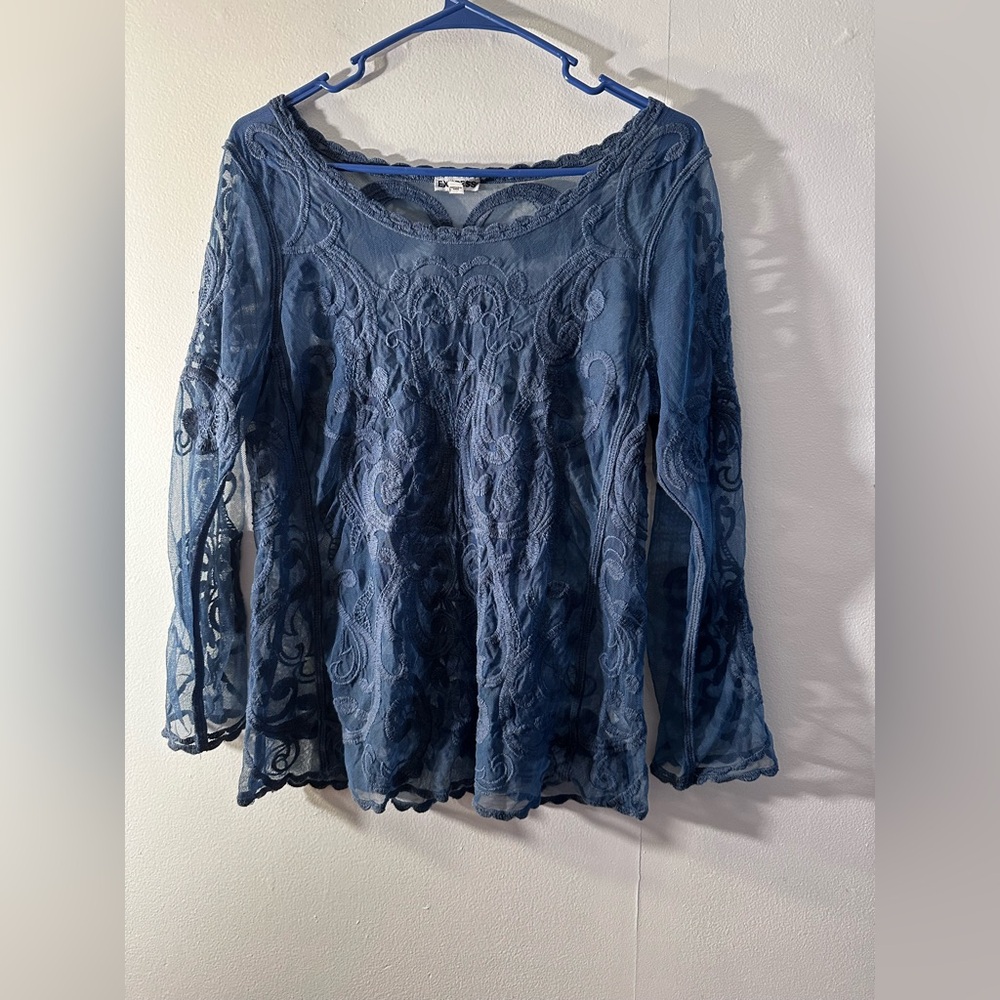 Express Blue Long Sleeve Lace Sheer Scallop Scoop Neck Blouse Size Medium